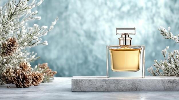 A perfume bottle on a marble slab with snowflakes photo