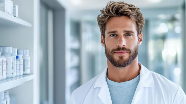A man in a lab coat standing in front of shelves of medicine photo