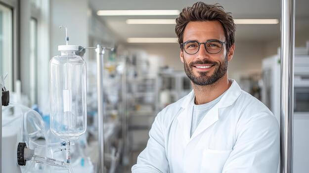 A man in a lab coat standing in front of a glass vial photo