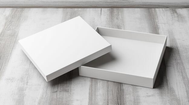 White box with lid on wooden table photo