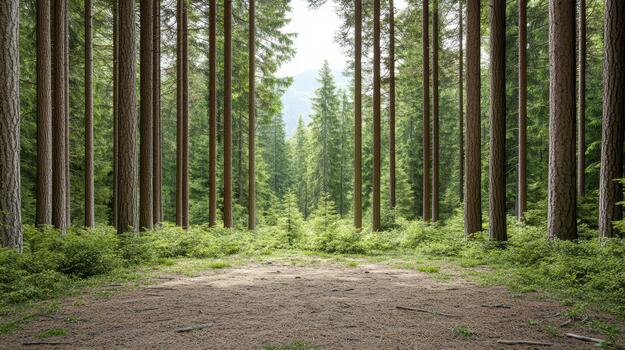 A dirt path through a forest with trees photo