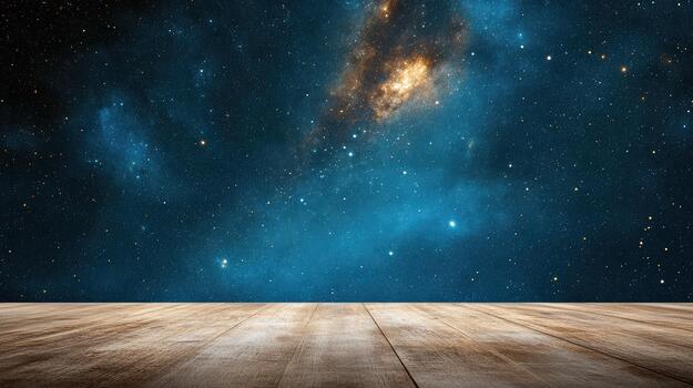 An empty wooden floor and a galaxy background photo