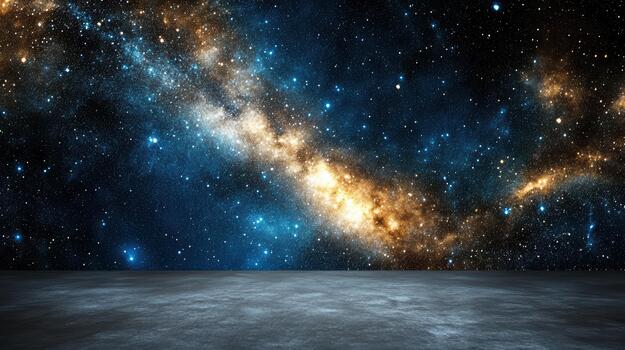 An empty room with a dark floor and a galaxy background photo