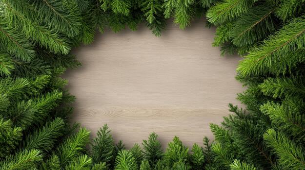Christmas wreath frame with green fir branches on wooden background photo