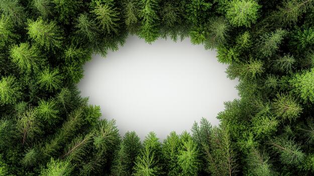 A circular frame made of green trees in the middle of a forest photo
