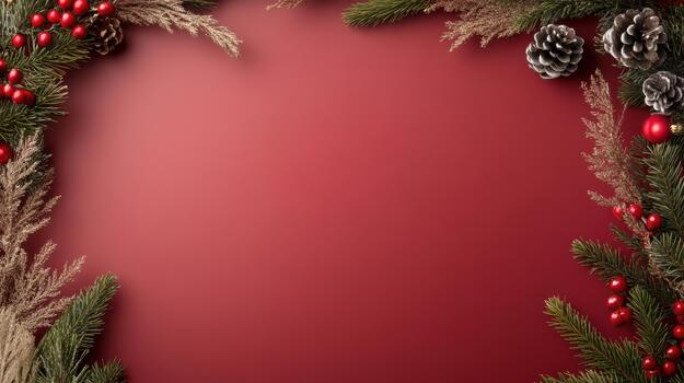 Christmas frame with red berries and pine cones on a red background photo