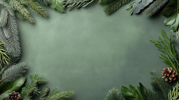 Christmas frame with green fir branches and pine cones on a dark background photo