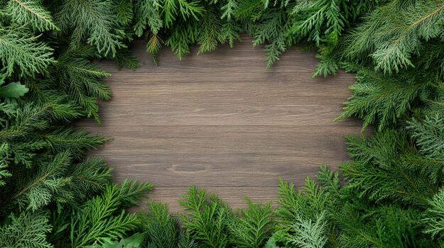 Christmas wreath frame with green evergreen branches and wooden background photo