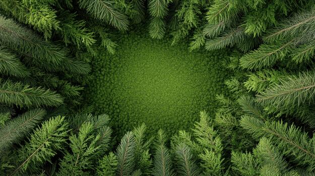 A green circle of evergreen trees in the forest photo