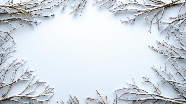 Winter frame with snow and branches on white background photo