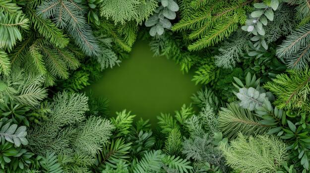 Green christmas tree branches and leaves in a circular shape photo