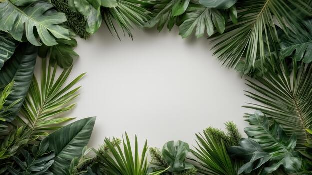Tropical leaves and palm trees frame on white background photo