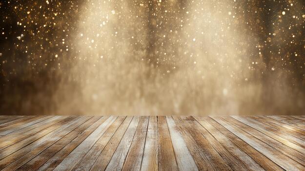 Wooden floor with gold lights and bokeh effect photo