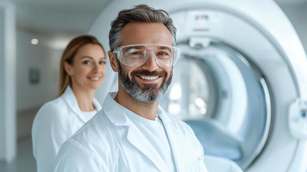 A man and woman in lab coats standing in front of a mri machine photo