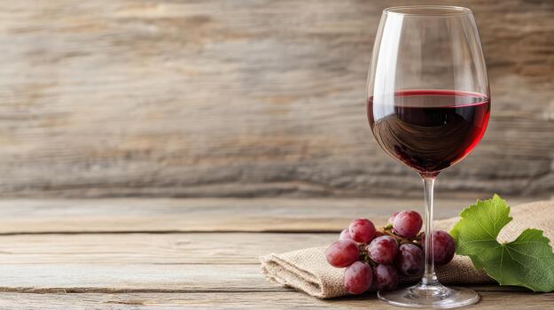 A glass of red wine with grapes on a wooden table photo