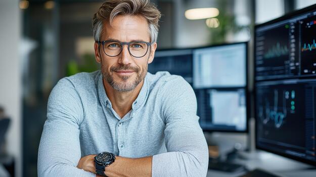 A man with glasses and a grey shirt sitting in front of two computer monitors photo