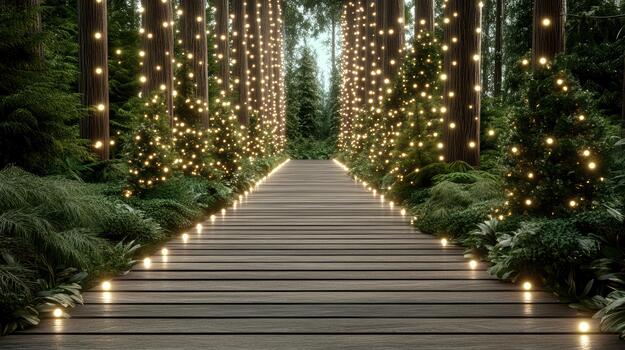 A walkway lined with lights in a forest photo
