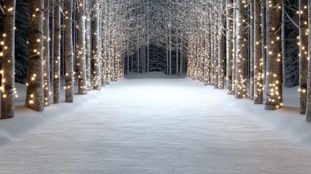 A path lined with trees with lights on them photo