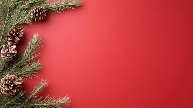 Christmas tree branch and pine cones on red background photo