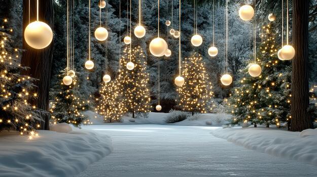 un Nevado camino con luces colgando desde arboles foto