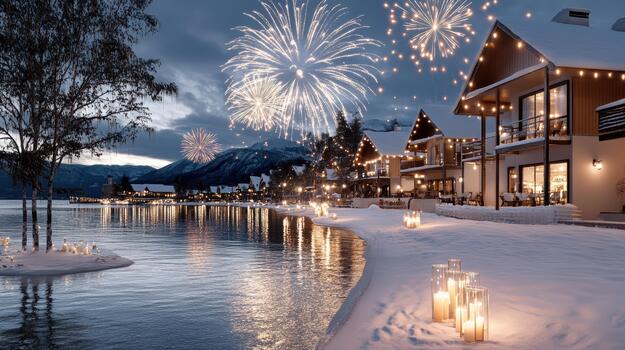 A lake with candles lit on the shore and a fireworks display photo