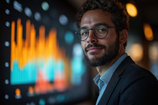 Professional man analyzes data trends in office with modern analytics display in background photo