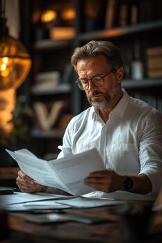 Man reading documents in a cozy, well-lit library setting during the afternoon photo