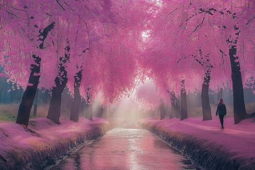 cierne Cereza arboles línea un sereno ruta por un devanado corriente a oscuridad en un tranquilo ajuste foto