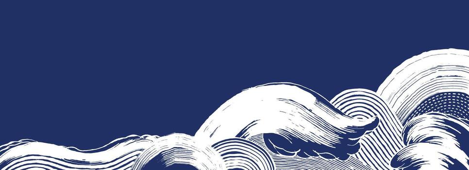 Hand drawn brush line panorama stylized white waves with varied line textures background, Japanese and ethnic folk handcrafted, woodcut, block print graphic for design with copy space. vector