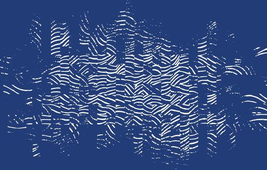Hand drawn Japanese-inspired water reflection pattern with flowing brush lines that ripple and scatter across a deep blue background, creating an organic, shimmering abstract effect. vector
