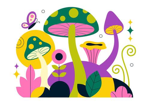 Natural Fungi Display Showing Artistic Varieties With Grass And Creature Motifs In Cartoon Format vector