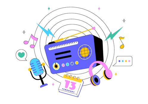 February Radio Day Artwork Featuring Broadcast Innovation and Digital Communication Elements in Flat Style vector