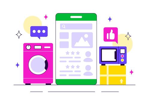 Electronic Device Review Illustration Showing User Evaluation Components in a Playful Flat Cartoon Setting vector