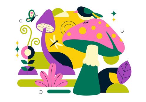 Forest Fungi Artwork Displaying Diverse Species With Grass And Insect Elements In Flat Cartoon Style vector
