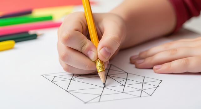 Child's hand drawing geometric design with pencil, creative learning concept photo