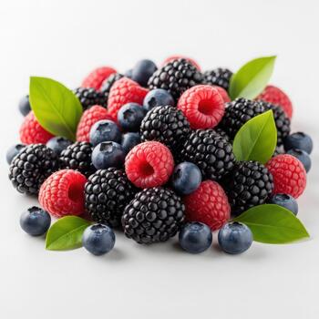 Fresh vibrant mixed berries display with green leaves on white background photo