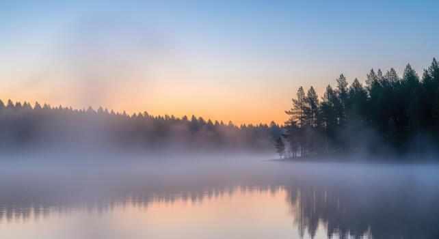 sereno brumoso lago con bosque reflejando a amanecer para pacífico antecedentes foto