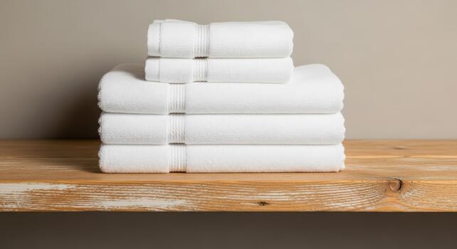 Fresh soft white towels neatly stacked on rustic wooden shelf display photo