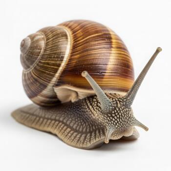 Close-up captures the amazing details of a garden snail on white backdrop photo