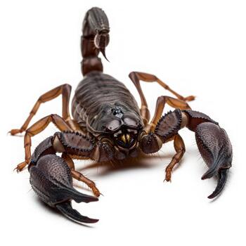 Intense scorpion portrait, sharp claws, isolated on white background photo