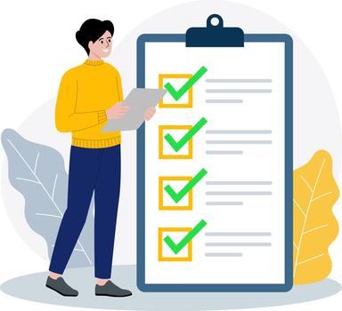Illustration of a Man Completing a Giant Checklist on a Clipboard Representing Task Completion Success Planning or Goal Achievement vector