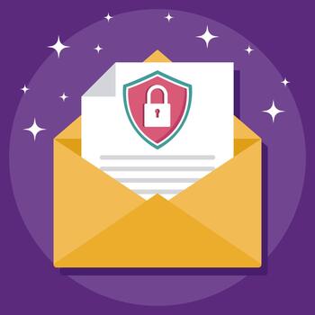 Illustration of a Secure Email or Document Inside an Open Envelope with a Shield and Padlock Symbol on a Purple Background vector