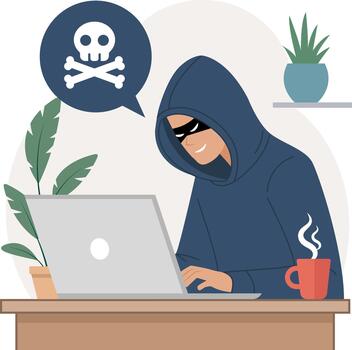 Illustration of a hacker in a hoodie using a laptop with a skull speech bubble, symbolizing cybercrime, malware, and internet security threats. vector