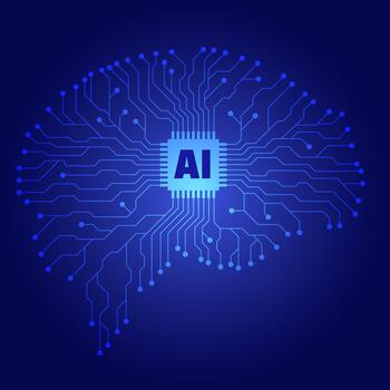 Illustration of a Digital Brain Made of Circuit Board Lines and an AI Chip Representing Artificial Intelligence Machine Learning and Technology vector