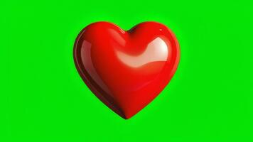 brillante rojo 3d corazón forma flotante en un vibrante verde pantalla antecedentes con sutil reflexiones y Destacar video