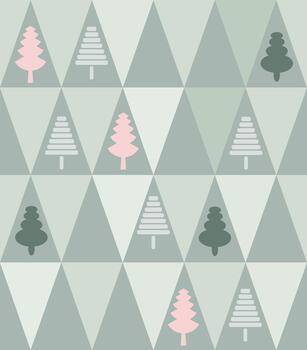 A repeating pattern of stylized trees on a geometric triangular background. vector