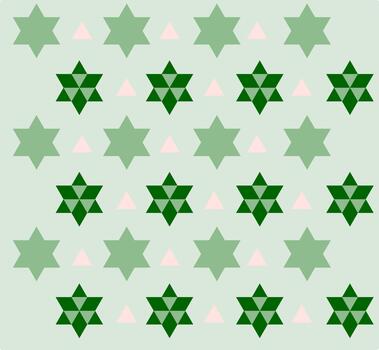 A geometric pattern composed of repeating light green and dark green six-pointed stars interspersed with small pink triangles on a pale green background. vector
