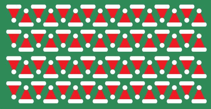 un repitiendo modelo antecedentes de simplificado Papa Noel sombreros y invertido triangular formas en tradicional rojo y blanco en un sólido verde antecedentes. vector