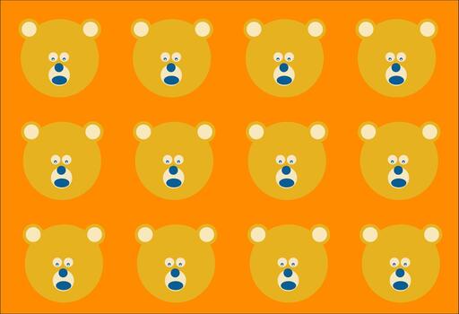 A cheerful repeating pattern of stylized teddy bear faces with a surprised expression on a solid bright orange background. vector