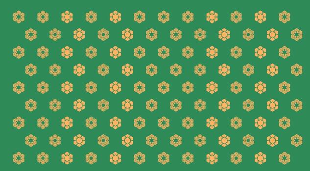 A dense repeating pattern of stylized orange hexagonal flower shapes on a solid deep green background. vector